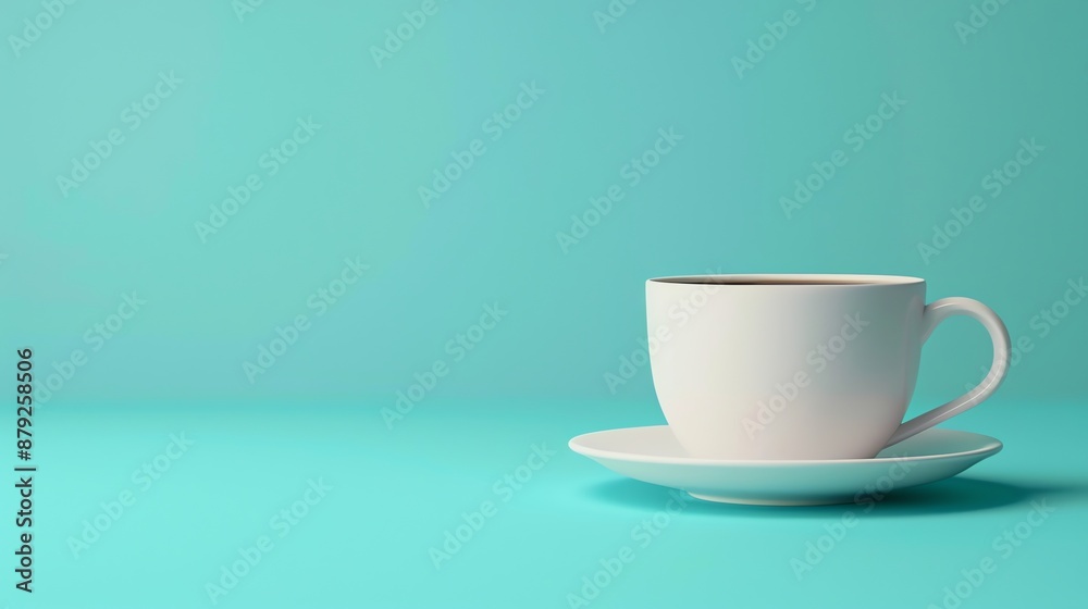 A simple illustration of a white coffee cup and saucer on a light blue background.