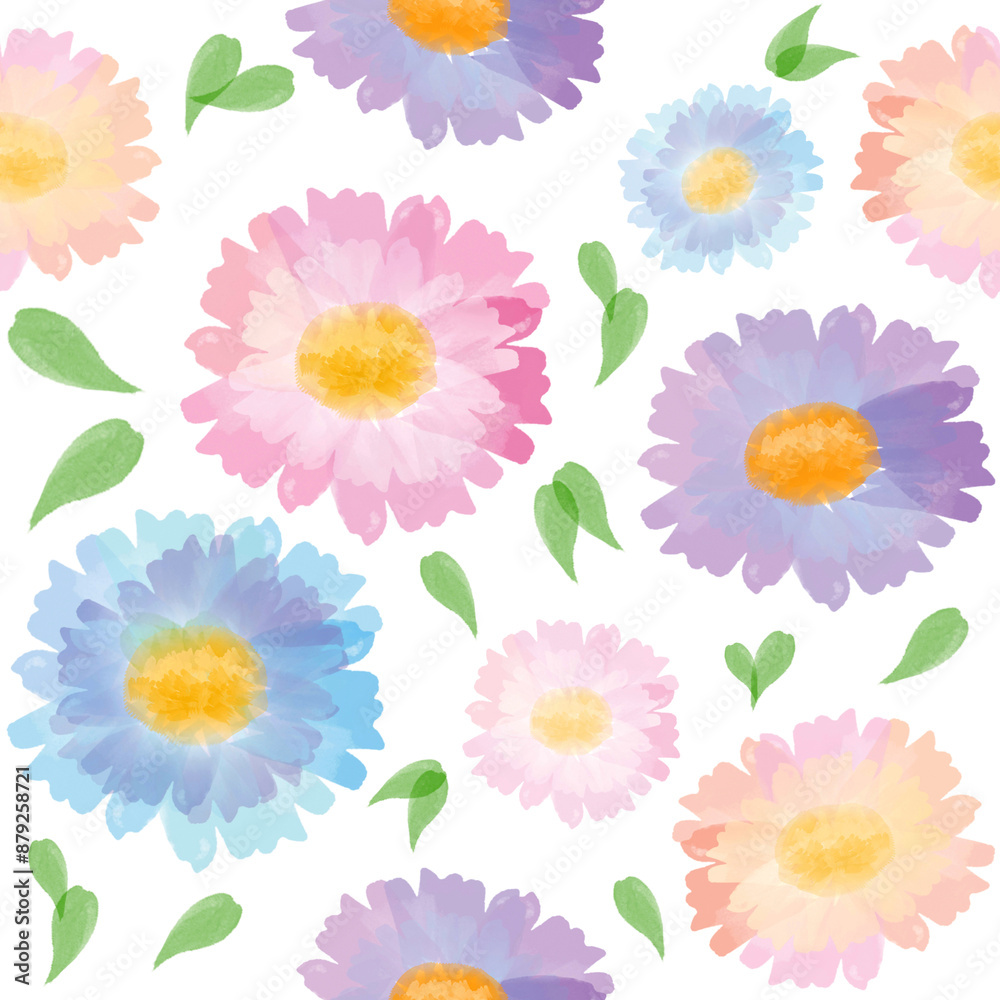 Obraz premium Raster illustration of beautiful gentle seamless pattern with leaves, flowers of different pale pastel colors in a watercolor style for cards, wallpapers, textiles, wrapping paper, dishes, banners.