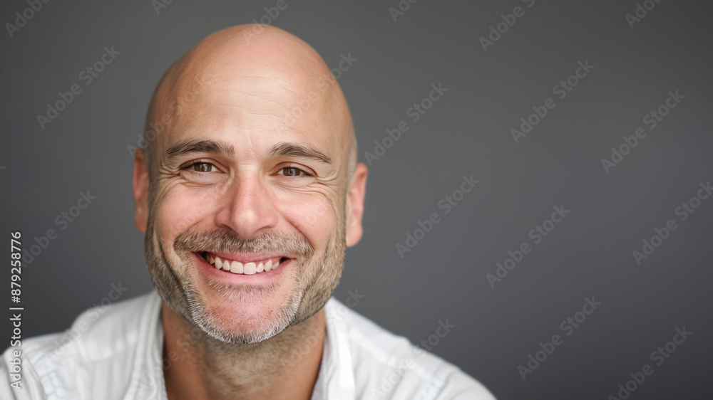 Closeup portrait of a cheerful bald man against a gray background. He looks content and relaxed, exuding professionalism and a friendly demeanor Closeup portrait of a cheerful bald man against a gray background. He looks content and relaxed, exuding professionalism and a friendly demeanor
