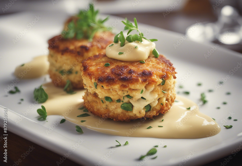 golden crab cakes with remoulade sauce served on a stylish white plate, ad shot golden crab cakes with remoulade sauce served on a stylish white plate, ad shot
