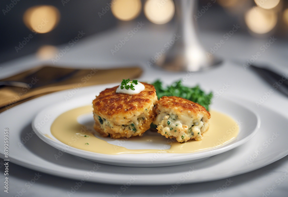 golden crab cakes with remoulade sauce served on a stylish white plate, ad shot golden crab cakes with remoulade sauce served on a stylish white plate, ad shot