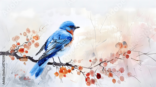 blue bird on a branch of a tree, watercolor