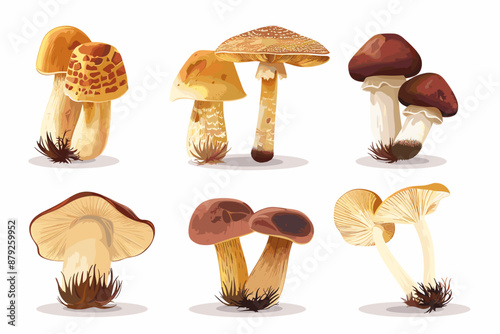 Set with edible and poisonous mushrooms, chanterelles, champignons, porcini mushroom, fly agarics and toadstools, cartoon style. Vector illustration isolated on white, hand drawn, flat design