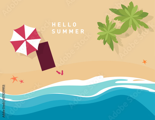 Tropical beach with sand, sea and umbrella, top view. Summer vacation flyer with starfish, flip flops and beach umbrella. vector illustration