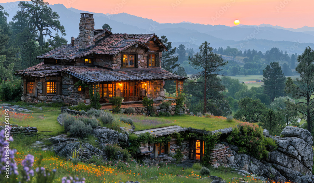 A large house with a stone roof and a stone wall. The house is surrounded by a lush green field and mountains in the background A large house with a stone roof and a stone wall. The house is surrounded by a lush green field and mountains in the background