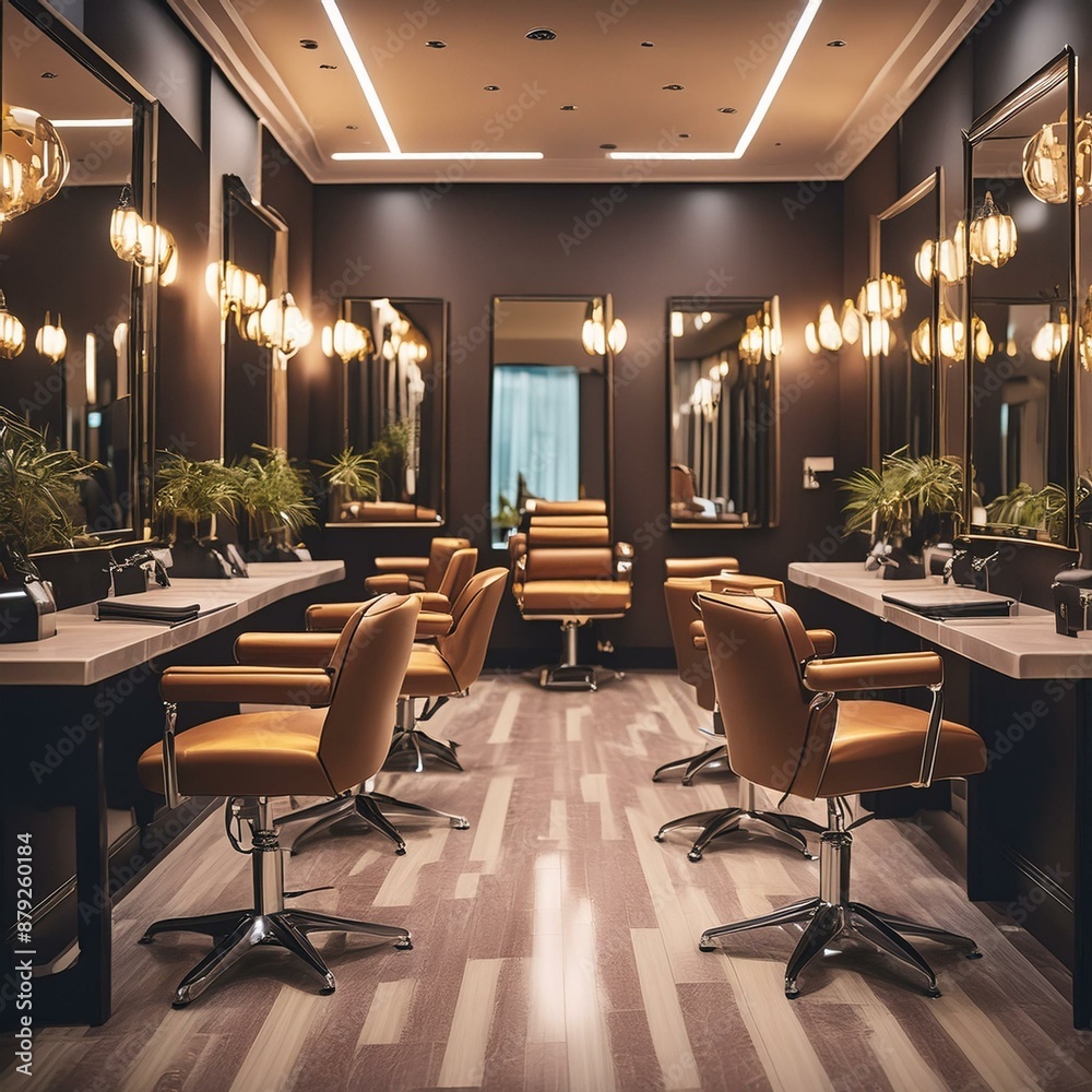 Obraz premium A modern hair salon interior with a row of comfortable chairs, large mirrors, and a variety