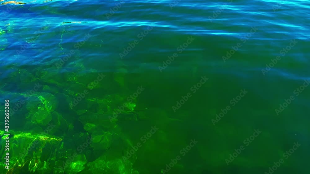 Rocky seabed visible through crystal clear turquoise coastal waters, with the reflection of the blue sky on the surface. Lofoten Islands, Northern Norway. Rocky seabed visible through crystal clear turquoise coastal waters, with the reflection of the blue sky on the surface. Lofoten Islands, Northern Norway.