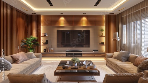 Living room design with wooden panels and a TV zone, cozy decor with warm ambient lighting, stylish and inviting atmosphere