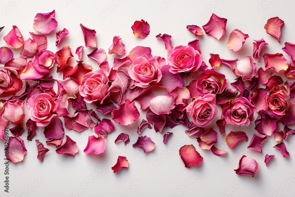 Pink roses and petals scattered on a white Pink roses and petals scattered on a white