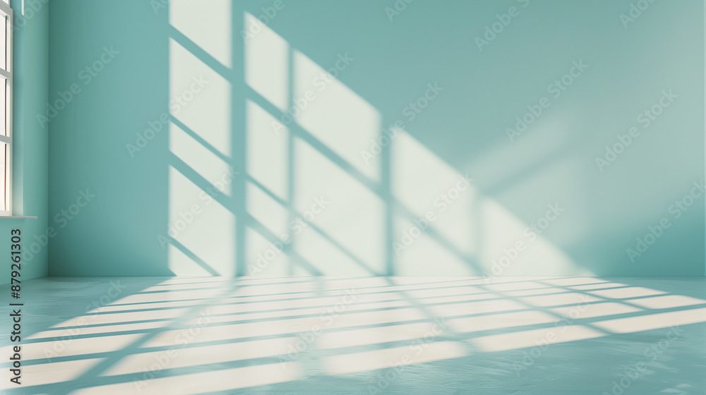 Fototapeta premium Minimal abstract light blue background for product presentation. Shadow and light from windows on plaster wall