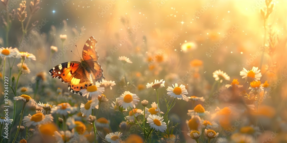 Enchanting Scene Wildflowers, Chamomile, Peas, and a Fluttering Butterfly in a Haze. Concept Wildflowers, Chamomile, Peas, Butterfly, Enchanting Scene Enchanting Scene Wildflowers, Chamomile, Peas, and a Fluttering Butterfly in a Haze. Concept Wildflowers, Chamomile, Peas, Butterfly, Enchanting Scene