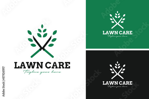 Vector of logo design scissors and leaves for lawn care