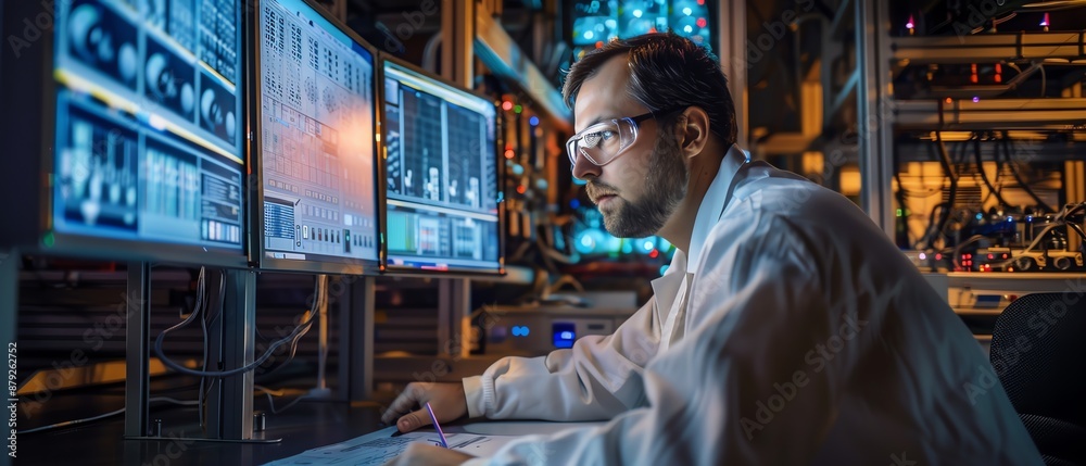 A researcher in a quantum lab working on quantum computers A researcher in a quantum lab working on quantum computers