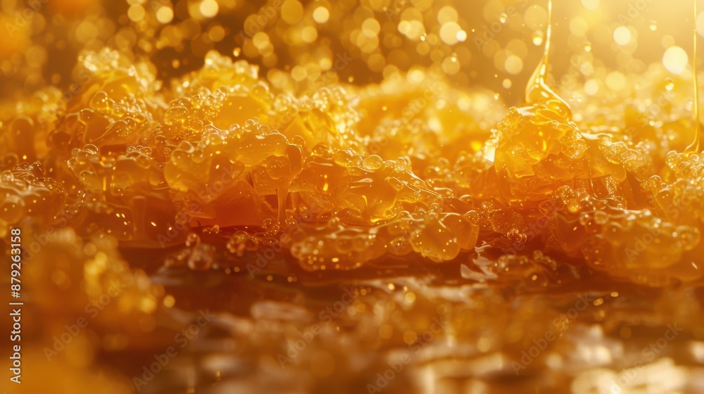 Close-up of golden honeycomb structure drenched in honey, showcasing the texture and natural richness of the sweet substance.
