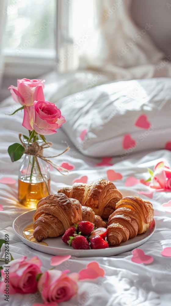 Romantic breakfast in bed, fragrant roses, fresh croissants and honey on white sheets