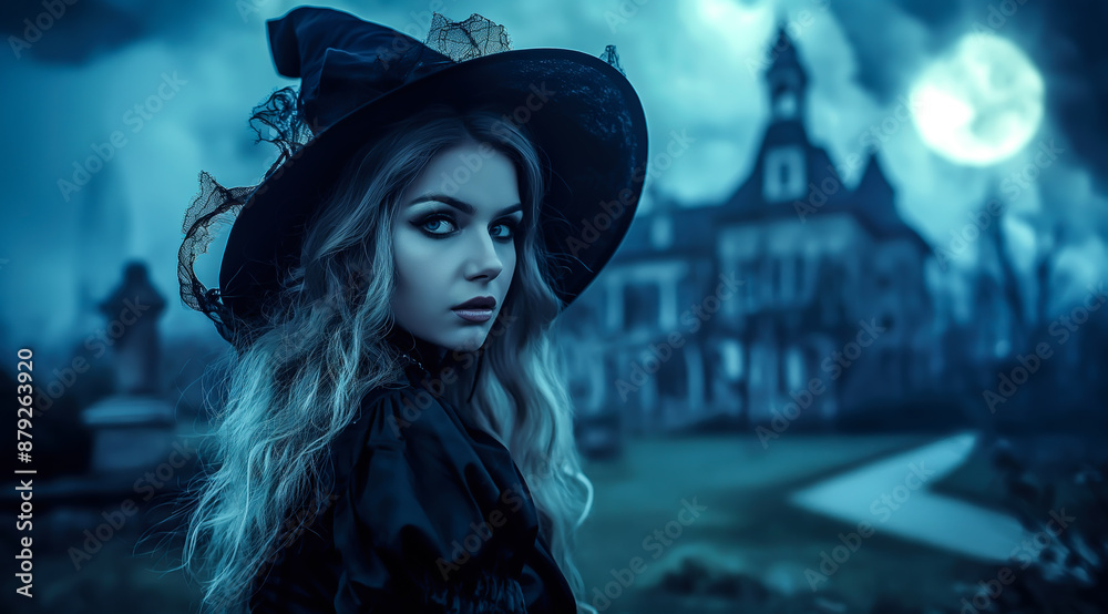 A dark and beautiful witch stands with an old castle in the background on Halloween night. The concept of mystery, enchantment, and the eerie atmosphere of Halloween. Generative AI. A dark and beautiful witch stands with an old castle in the background on Halloween night. The concept of mystery, enchantment, and the eerie atmosphere of Halloween. Generative AI.