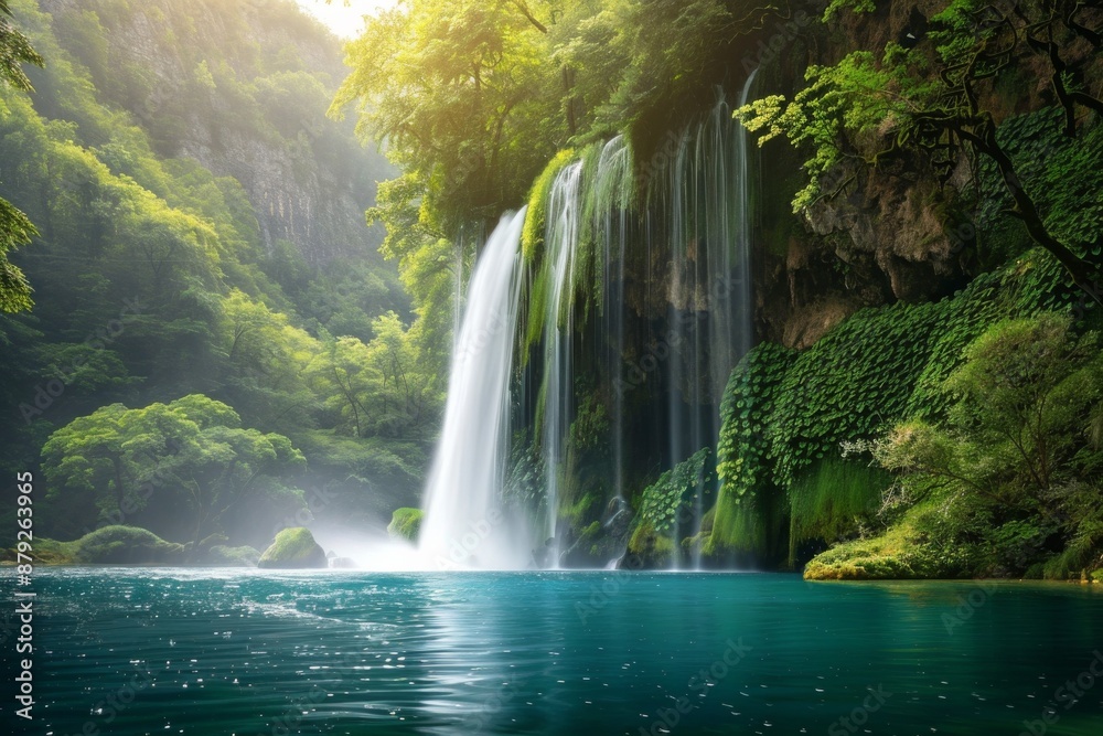 Fototapeta premium Spectacular View of Majestic Waterfalls Cascading Through Lush Greenery in Stunning Natural Landscape