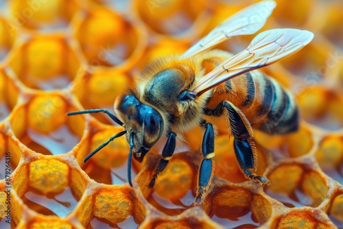 Close-up of a honeybee on honeycomb, highlighting the intricate details of the bee and hexagonal pattern of the honeycomb. photo