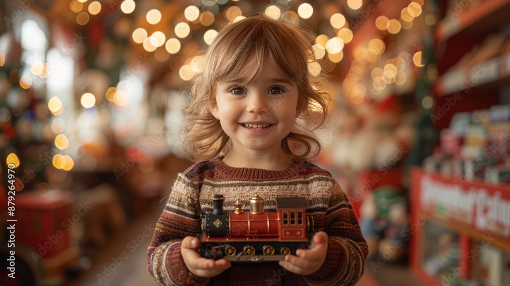 Happy babe in ornamental sweater holding toy train in spacious shop decorated for Christmas Happy babe in ornamental sweater holding toy train in spacious shop decorated for Christmas
