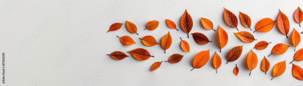 Obraz premium Minimal autumn composition with dry brown leaves arranged on a white background, providing a simple yet elegant seasonal decoration.