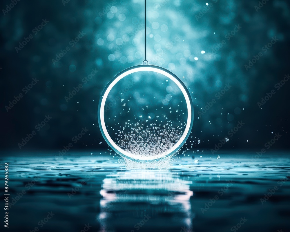 Mysterious glowing ring suspended over water with sparkles, creating an enchanting and ethereal atmosphere. Perfect for creative backgrounds. Mysterious glowing ring suspended over water with sparkles, creating an enchanting and ethereal atmosphere. Perfect for creative backgrounds.