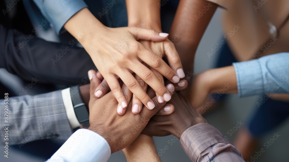 Unity and teamwork concept shown in a close up top view of business professionals putting their hands together. Unity and teamwork concept shown in a close up top view of business professionals putting their hands together.