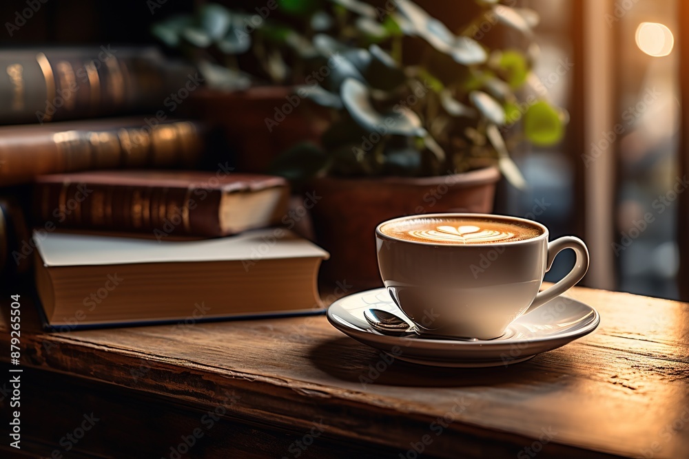 Fototapeta premium white coffee cup on a wooden table next to a stack of books