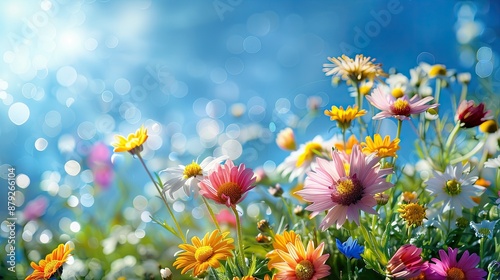 Colorful flower meadow with sunbeams and blue sky and bokeh lights in summer
