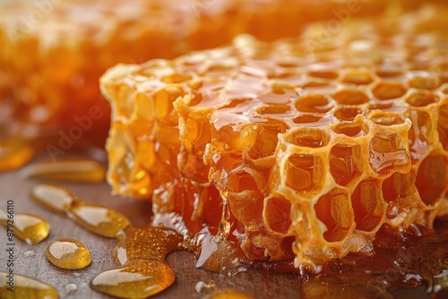 Close-up view of fresh honeycomb with golden honey dripping. Natural and organic honeycomb captured in detail, showcasing hexagonal cells.