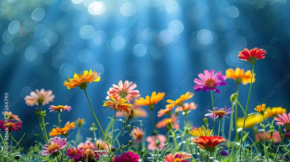 Colorful flower meadow with sunbeams and blue sky and bokeh lights in summer Colorful flower meadow with sunbeams and blue sky and bokeh lights in summer