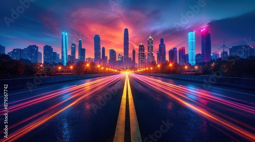 Cityscape with Light Trails at Sunset