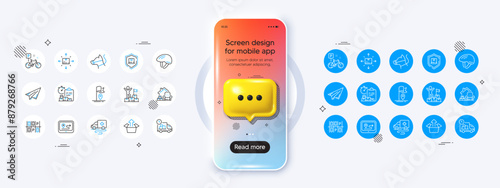 Phone mockup with 3d chat icon. Dog leash, Gps and Packing things line icons. Pack of Delivery report, Send box, Paper plane icon. Parking place, Ambulance transport, Delivery man pictogram. Vector