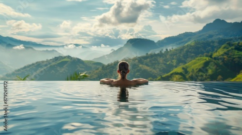 Visualize a relaxing spa day with a person lounging in an infinity pool overlooking a breathtaking mountain view. 