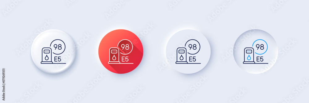 Petrol station line icon. Neumorphic, Red gradient, 3d pin buttons. Filling station sign. E5 petroleum fuel symbol. Line icons. Neumorphic buttons with outline signs. Vector Petrol station line icon. Neumorphic, Red gradient, 3d pin buttons. Filling station sign. E5 petroleum fuel symbol. Line icons. Neumorphic buttons with outline signs. Vector