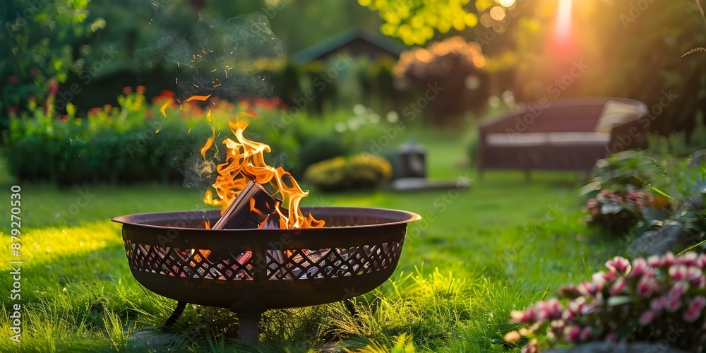 Fire pit in backyard grass in the image. Concept Outdoor Photoshoot, Fire pit, Backyard, Grass, Cozy Atmosphere Fire pit in backyard grass in the image. Concept Outdoor Photoshoot, Fire pit, Backyard, Grass, Cozy Atmosphere