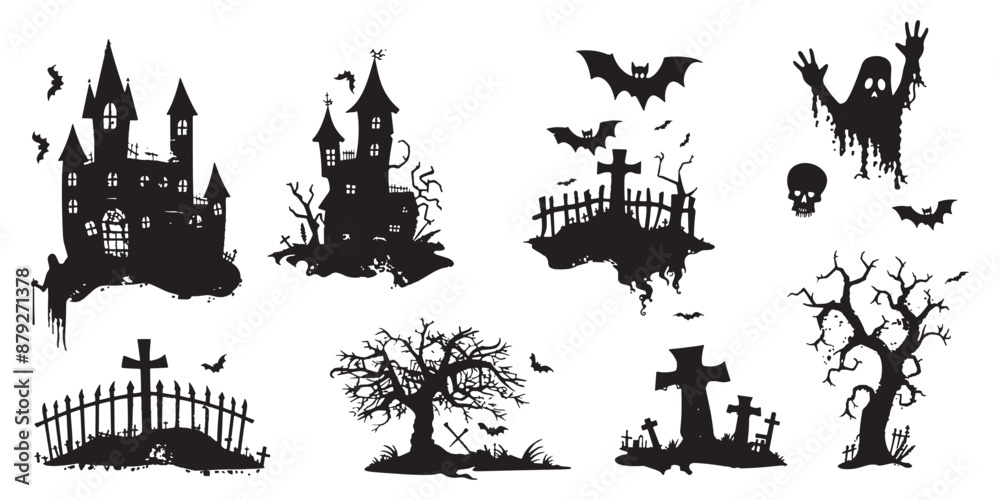 Obraz premium Vector set of black silhouettes on a white background, spooky elements for Halloween