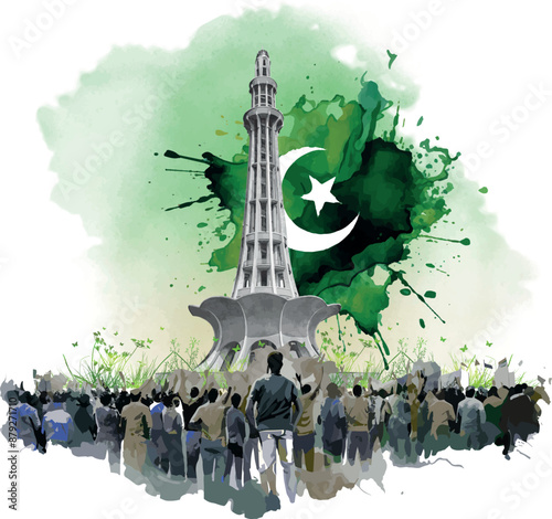 14th August of Independence Day of Pakistan, holiday and people silhouettes with Pakistan flag