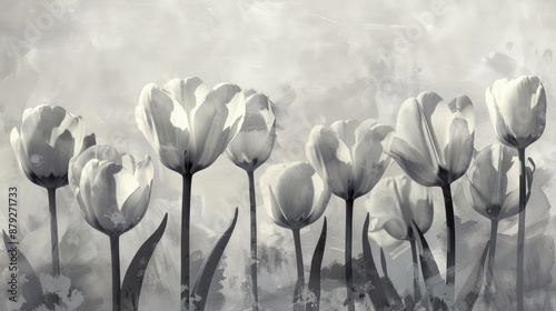 Vintage Style Gray Painted Tulip Flowers on Light Background