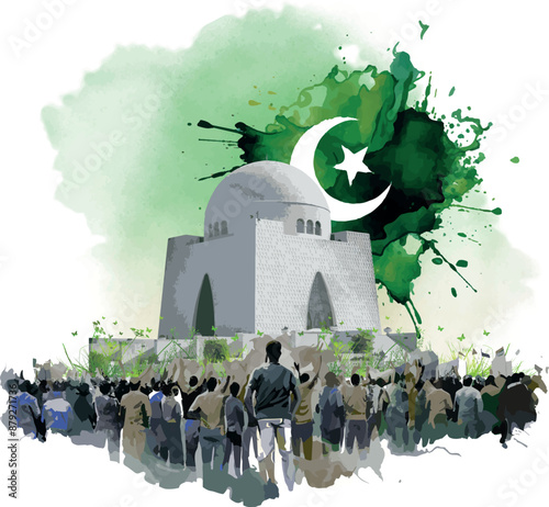 14th August of Independence Day of Pakistan, holiday and people silhouettes with Pakistan flag