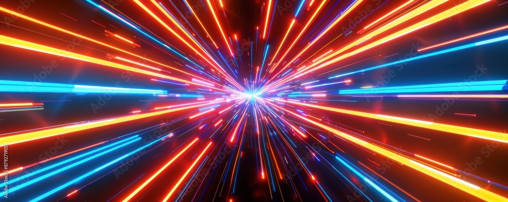 Naklejka premium Abstract colorful neon light beams in hyperspace. Concept for speed of light, time travel, cyberspace, future technology, and digital data.