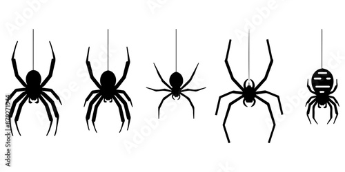 Set of black silhouettes of spiders on white background.