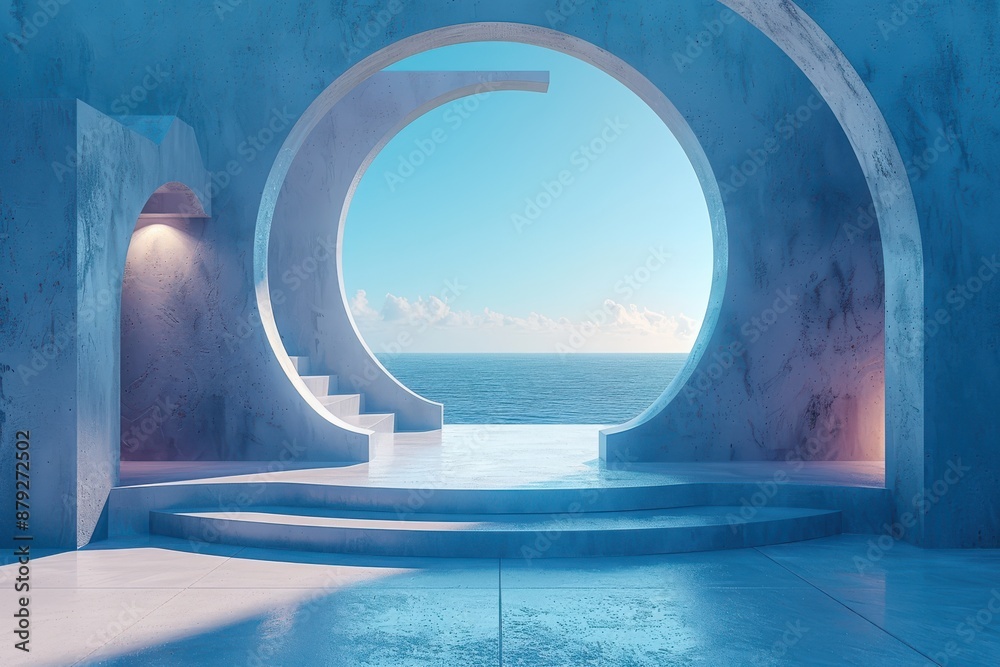 Fototapeta premium Minimalist blue concrete building with circular window overlooking ocean. Concept of modern architecture, design, and serene living space.