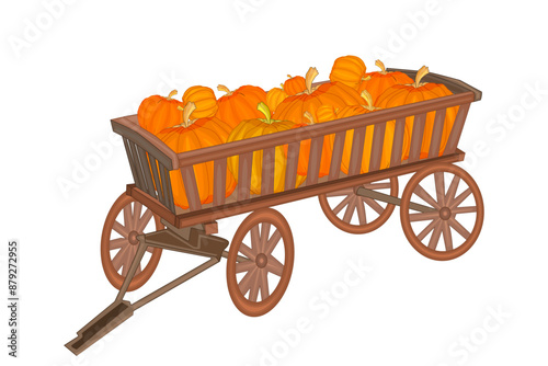 Pumpkins in wooden cart on white background.Harvest ripe gourd in wagon.Full trailer of orange vegetables.Harvest festival, fall season, autumn farmers market.Pumpkin for Halloween.Vector illustration