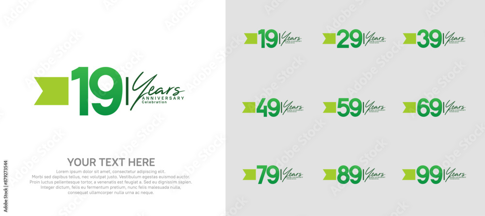 Naklejka premium anniversary logotype set. green number and ribbon for celebration