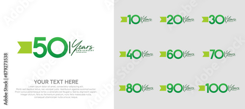 anniversary logotype set. green number and ribbon for celebration