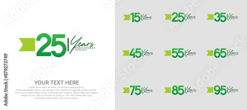 anniversary logotype set. green number and ribbon for celebration