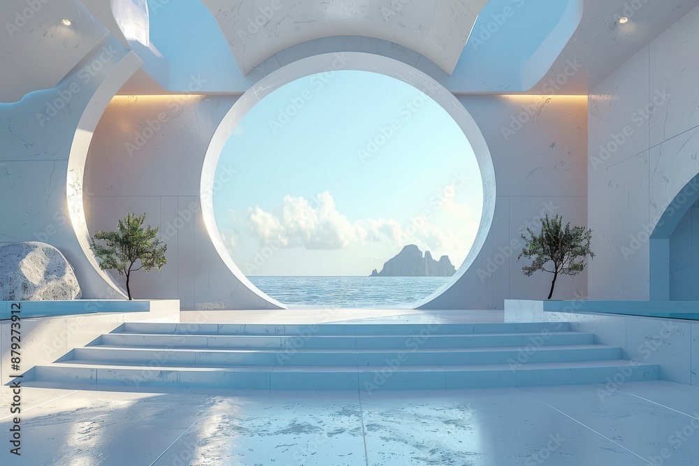 Fototapeta premium Minimalist Futuristic Interior Design with Ocean View. Blue and White Space for Meditation, Relaxation, and Tranquility