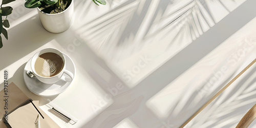 Close-up of White Table Setting with Vase, Plant, and Plate ,a close-up of a white tablecloth with a cross design, a white vase with a plant, and a white plate with a cup.,