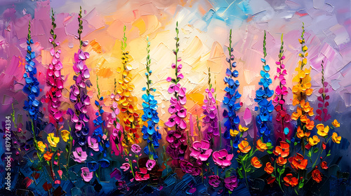 Abstract oil painting of flowers on canvas. Colorful flower background.