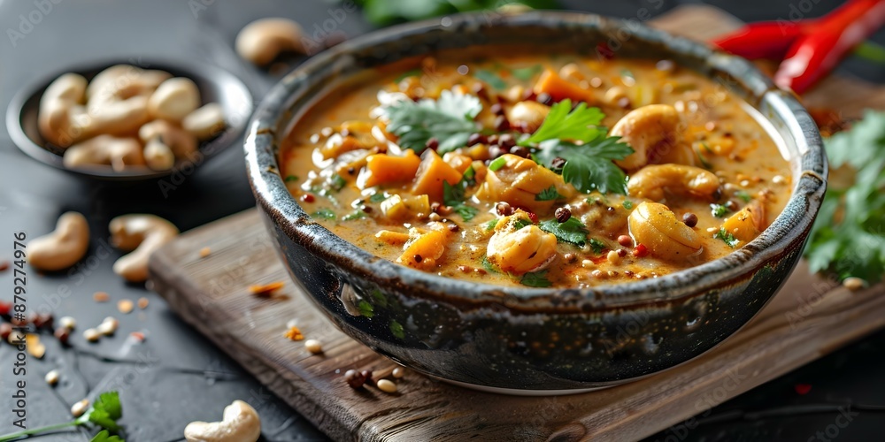 Cashew Curry in a Bowl Creamy Delight on a Wooden Board. Concept Cashew Curry, Bowl, Creamy Delight, Wooden Board Cashew Curry in a Bowl Creamy Delight on a Wooden Board. Concept Cashew Curry, Bowl, Creamy Delight, Wooden Board